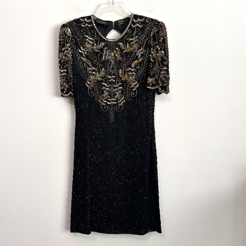 Mark & John Vintage Cocktail Dress M Gold Black Sequin Beaded Party Y2K Formal